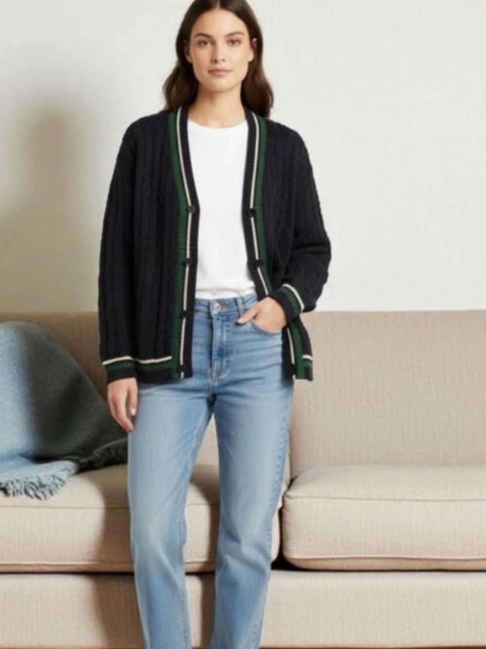 JW Anderson x Uniqlo Cable Knit Cardigan Navy Green Cotton Linen Varsity Size S